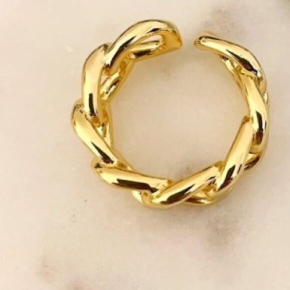 925 Sterling Silver Cuban Link Chunky Adjustable Chain Ring Gold Plated - Picture 2 of 4